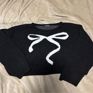wild fable Black Cropped Sweater with White Bow